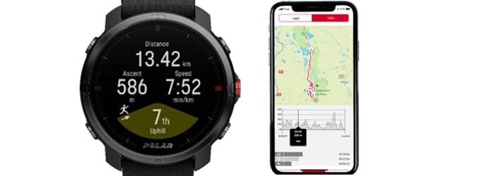 Polar Grit X экран с отчетом по подъемам и смартфоном с маршрутом